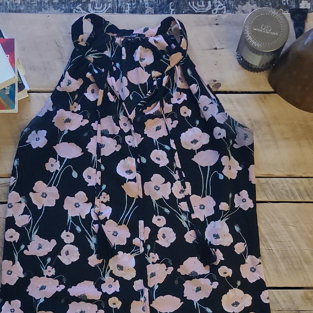 Floral Halter Tie-Neck Tank Top - Black with Pink Flowers
